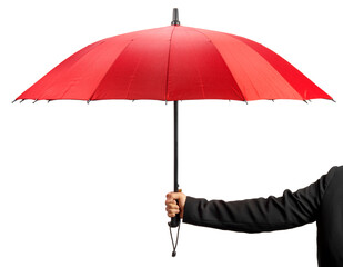 Hand Holding red color umbrella isolated on white background, Hand Holding red umbrella on White...