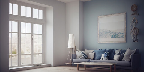 Fototapeta na wymiar mock up poster frame in modern interior background, living room, Scandinavian style, Generative AI illustration.
