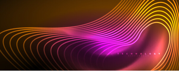 Obraz premium Techno neon wave lines, dynamic electric motion, speed concept. Templates for wallpaper, banner, background, landing page, wall art, invitation, prints