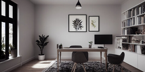 mock up poster frame in boho interior background, wooden living room design, Scandinavian style. Generative AI illustration