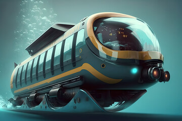Obraz premium Futuristic underwater submarine train, submarine prototype, underwater train. Generative AI