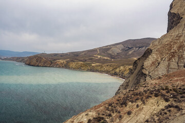 View of Dead Bay and picturesque hills from Cape Chameleon in surroundings of Koktebel. Crimea