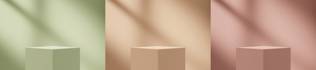 Set of pastel 3d mockup scene with natural lighting through window on background. 3d pedestal podium with empty space for product or text display presentation. 3d render illustration.