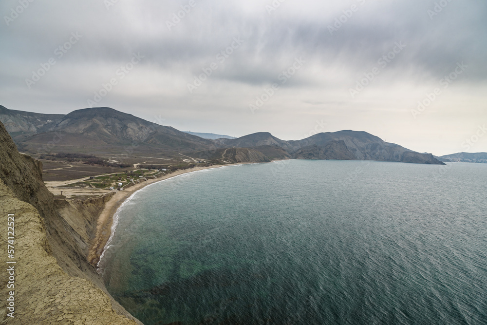 Sticker View of Quiet Bay and beach from Cape Chameleon in surroundings of Koktebel. Crimea