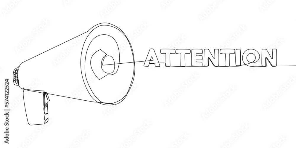 Poster one continuous line of megaphone with attention text. thin line illustration vector concept. contour