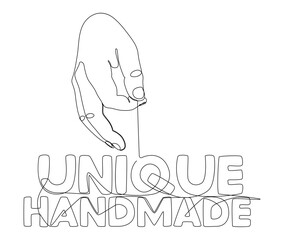 One continuous line of hand with Unique Handmade word. Thin Line Illustration vector concept. Contour Drawing Creative ideas.