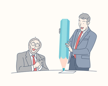 Two employees working together in office with big giant pencils, hand drawn style vector design illustration