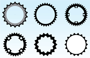 Vector set of realistic gear and bicycle stars. A profiled wheel with teeth that engages with a chain. Editable vector, easy to change or manipulate. Multipurpose designs. eps 10.