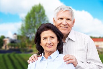 Obraz premium Mature old couple happy outdoors at farm