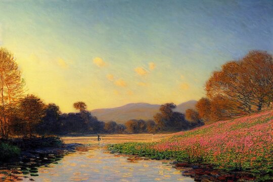 Beautiful cozy Spring Vintage Oil Painting of landscape with waterscape at golden hour with mountains and hills lake flower field made with Generative Ai
