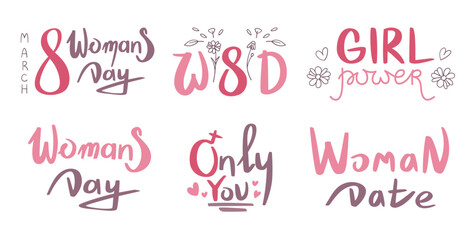Vector set of calligraphy lettering for Women's Day.