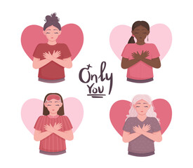 Love yourself. Woman embracing herself with her heart on a white background.