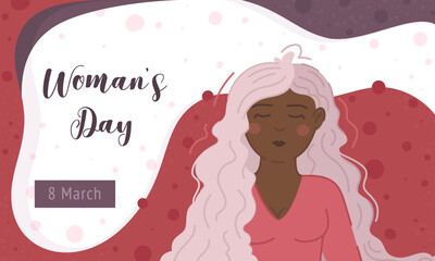 Bright Women's Day Banner. Vector illustration of March 8. Greeting card for women's day with a girl.