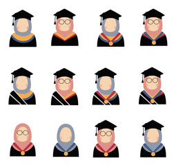 Muslim Set Illustration of Woman Graduation . Graduation muslimah student wearing a toga