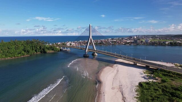 Aerial view of Ilheus, tourist town in Bahia. Historic city center with famous bridge in the background