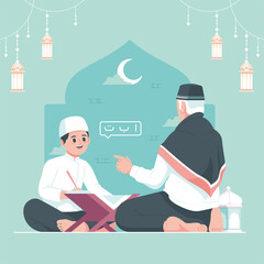 mengaji means learn to read al quran islamic illustration