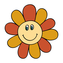 Smiley Daisy in 70s or 60s Retro Trippy Style. Smile Flower 1970 Icon. Seventies Groovy Flowers. Cartoon Character Hand Drawn Vector Illustration.
