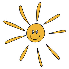 Smiley Sun in 70s or 60s Retro Style. Smile Sunshine 1970 Icon. Seventies Element. Groovy Flowers. Hand Drawn Vector Illustration.