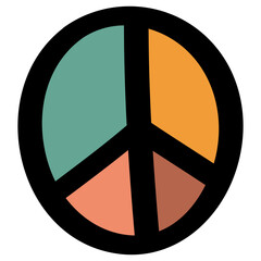 Peace Colorful Symbol in 70s or 60s Retro Style. 1970 Icon. Seventies Element. Groovy Flowers. Hand Drawn Vector Illustration.