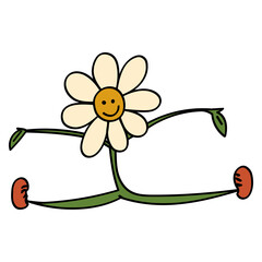 Smiley Daisy in 70s or 60s Retro Trippy Style. Smile Flower Cross Twine. 1970 Icon. Seventies Groovy Flowers. Cartoon Character Hand Drawn Vector Illustration.