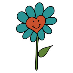Smiley Daisy in 70s or 60s Retro Trippy Style. Smile Flower 1970 Icon. Seventies Groovy Flowers. Cartoon Character Hand Drawn Vector Illustration.