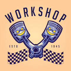 Angry twin piston motor engine workshop illustration vector for your work logo, merchandise t-shirt, stickers and label designs, poster, greeting cards advertising business company brands