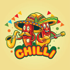 Happy cinco de mayo chilli pepper playing guitar illustrations vector for your work logo, merchandise t-shirt, stickers and label designs, poster, greeting cards advertising business 