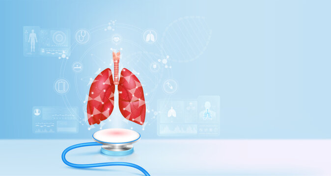 lungs healthy float away from stethoscope. Medical icons Image virtual hologram on screen computer. Doctor diagnose digital data record. Electronic medical technology innovation. 3d Vector.