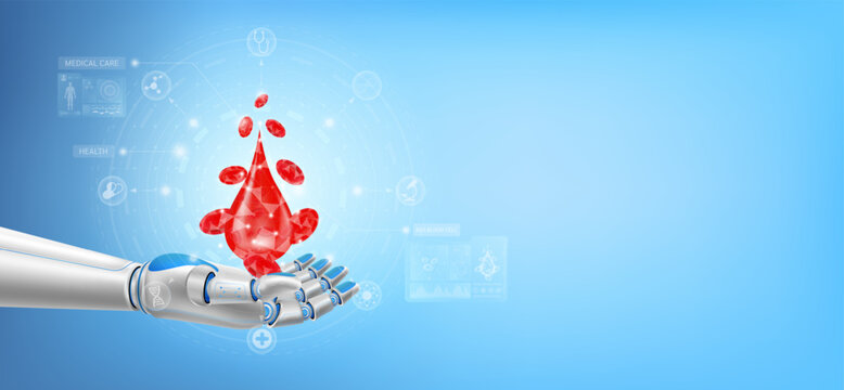 Red blood cells float away from in robot hand. Futuristic medical cybernetic robotics technology. Innovation artificial intelligence robot assist care health. With copy space for text. 3D Vector.