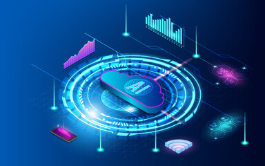 AI Learning and Artificial Intelligence background concept with Assistant Robot, Machine learning, Digital Brain future technology.  Vector Illustration