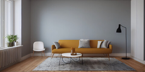 Fototapeta premium mock up poster frame in boho interior background, wooden living room design, Scandinavian style. Generative AI illustration