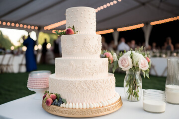 wedding cake decorated with roses. generative AI
