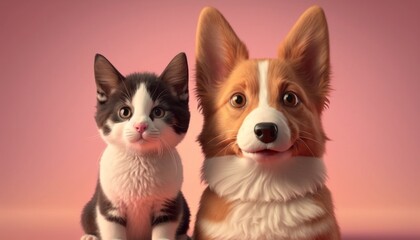 Cat and dog on pastel pink background. Portraits of beautiful lovely pets. cat and puppy. Beautiful portrait of adorable pets. Generative ai