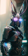 Portrait of a rabbit cyborg man with futuristic color metal virtual reality glasses, rabbit cyborg man Augmented Reality and futuristic vision 3d. Non-existent person. Generative AI