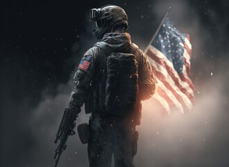 Fototapeta premium 4th of July concep. portrait of A soldier in front of a flag of the USA. The soldier with the gun in front of a flag. portrait soldie standing in front of usa flag. Non-existent person. Generative Ai