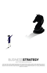 Silhouette of businesswoman point forward with chess piece. concept of business strategy marketing.