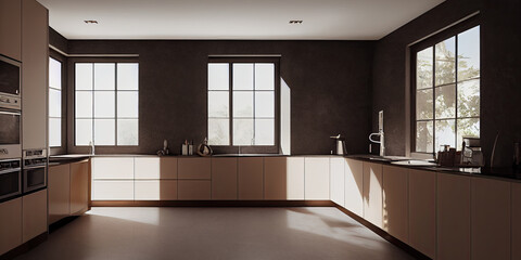 Modern Contemporary kitchen room interior. warm tone. Generative AI illustration.