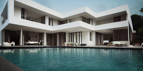 Fototapeta na wymiar Luxury pool villa spectacular contemporary design digital art real estate , home, house and property, Generative AI illustration.