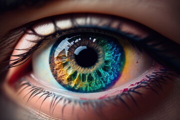 Fototapeta na wymiar Closeup of a beautiful, colorful eye. Generative AI.
