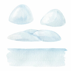 Snow piles watercolor illustration set. Hand drawn snowy background, snowdrifts, bank of snow elements. Winter landscape element collection. North wintertime nature outdoor landscape