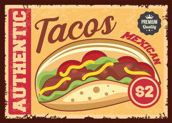 Authentic Mexican tacos retro tin sign vector template