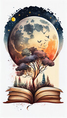 book with moon watercolor created by artificial intelligence tools - obrazy, fototapety, plakaty