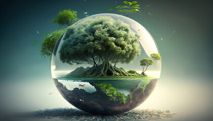 Tree in a glass ball world environment day created with Generative AI technology