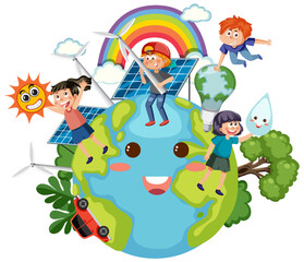 Obraz na płótnie Canvas Children with solar panels and wind turbines