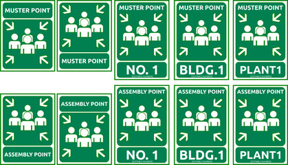 Muster and assembly point label for fire evacuation, vector 
