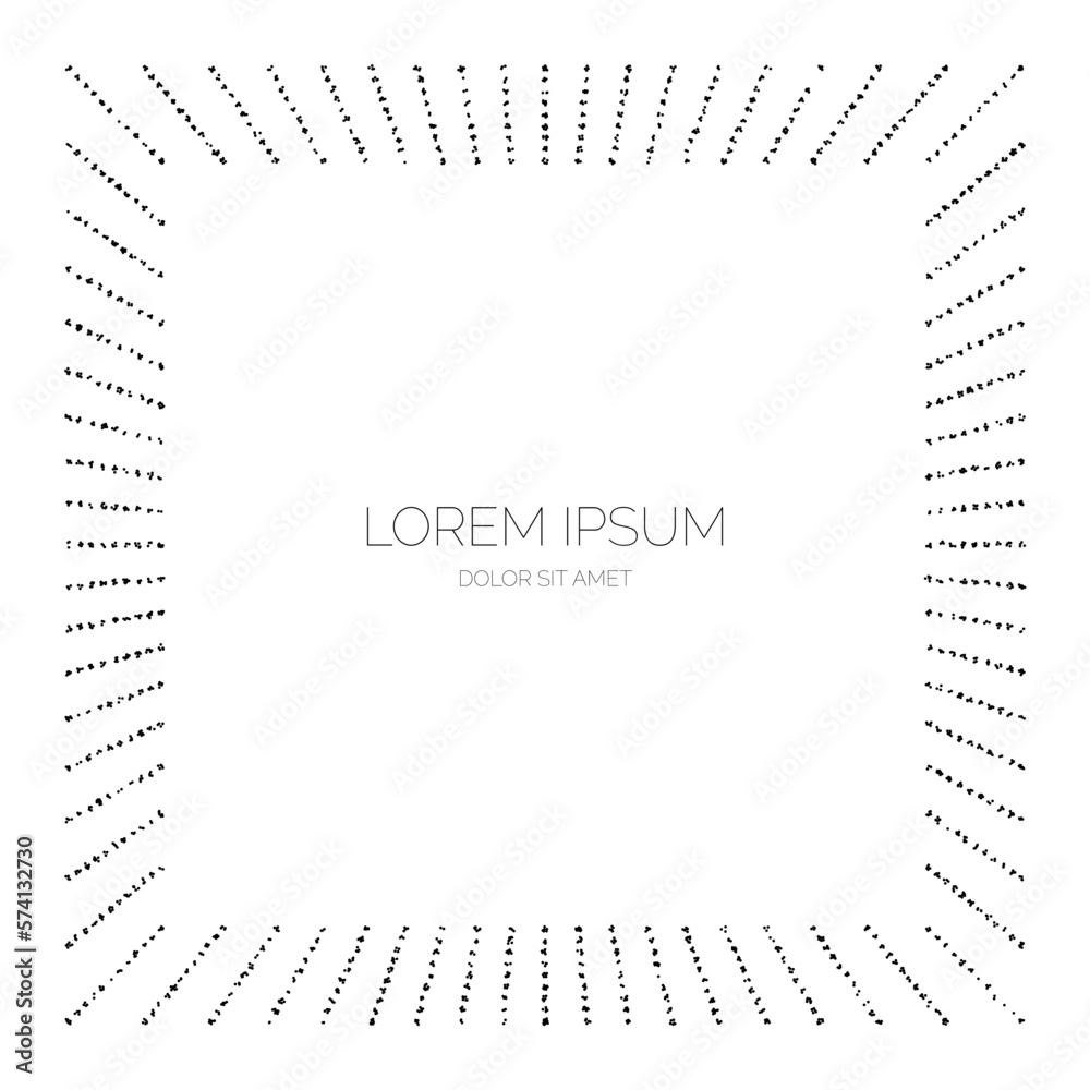 Poster Grainy textured frame. Black stipple dots sunbeams separator and divider. Noise dot rays frame. Vector background 