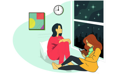 Two young girls at bedroom, observing night view and reading book. Vector illustration. 