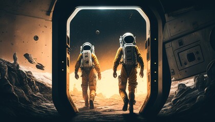 Obraz na płótnie Canvas Intrepid astronauts leaving the cabin, embarking on an extraordinary journey