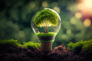 Tree growing in light bulb with sunshine in nature. Saving energy and eco concept. Earth hour. Generative AI.