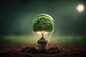 Tree growing in light bulb with sunshine in nature. Saving energy and eco concept. Earth hour. Generative AI.